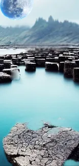 Mystical landscape with blue moon over hexagonal rocks.