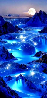 Mystical blue landscape with a glowing full moon and starry sky.