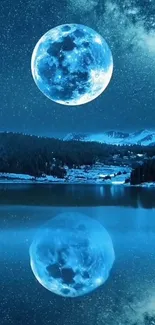 Blue moon reflecting over a calm lake with starry night sky.