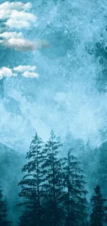 Mystical blue moon and forest night sky wallpaper.