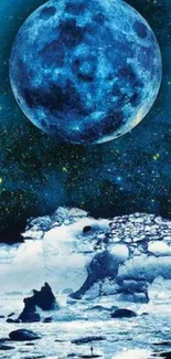 Mystical blue moon and starry cosmic background wallpaper.