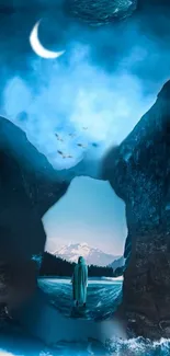 Mystical blue landscape with crescent moon and mountains.