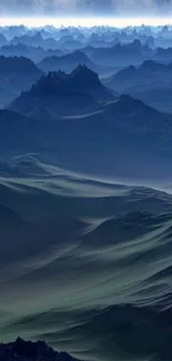 Blue mountains under a full moon, creating a serene and mystical landscape.