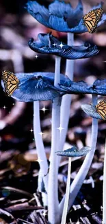 Blue mushrooms with butterflies on forest floor, creating a mystical scene.