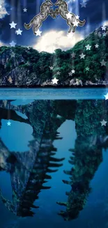 Mystical blue wallpaper with stars and serene nature.