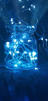 Blue fairy lights in a jar against a starry night.