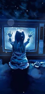 Blue night scene with child and glowing TV, creating a mystical atmosphere.