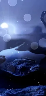 Abstract mystical nightscape with blue tones and ethereal lights.