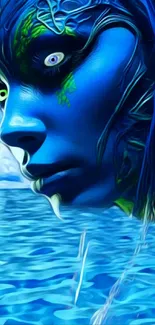 Mystical blue face blending with ocean waves in fantasy artwork.