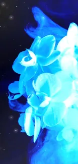 Mystical blue orchids with ethereal smoke effect.