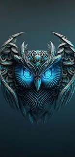 Intricate blue owl illustration on a dark background for mobiles.