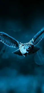 A mystical blue-toned wallpaper featuring an owl in flight, set against a dark background.