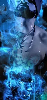 Ethereal man and blue panther with mystical smoke effects in vivid colors.