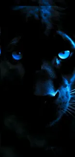 Close-up of a blue-eyed panther in shadows, exuding mystery.