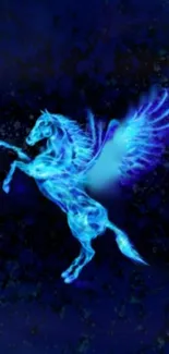 Mystical blue Pegasus with neon wings on a dark background.