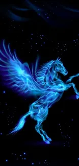 Mystical neon blue pegasus in starry night sky.