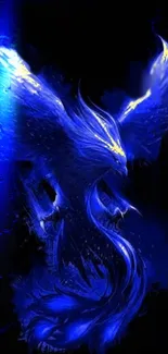 Mystical blue phoenix on dark background mobile wallpaper.