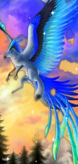 Mystical blue phoenix soaring over a vibrant sunset sky.