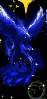 Blue phoenix with glowing stars on a dark background.