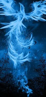 Blue phoenix soaring in a starry night sky, mystical mobile wallpaper.