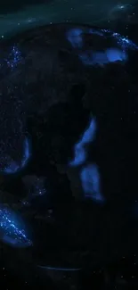 Mystical dark blue planet with glowing textures in a cosmic space scene.