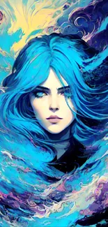 Mystical portrait with blue hair and swirling vibrant patterns.