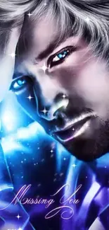 Mystical blue portrait with sparkling eyes and digital artistry.