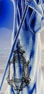 Mystical figure in blue robe holding a lantern on fantasy mobile wallpaper.