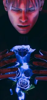 A mysterious figure holding a glowing blue rose in dramatic lighting.