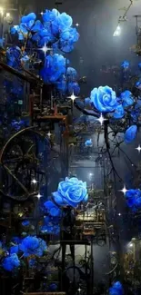 Vibrant blue roses on a mystical dark background wallpaper.