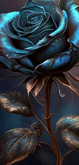 Mystical blue rose on a dark background with metallic leaves.