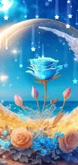 Mystical blue rose encased in a glowing orb under a moonlit sky.