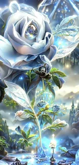 Mystical blue rose with glowing crystals and a dreamy background.