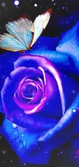 Blue roses and butterflies under a galaxy sky.