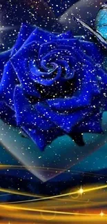 Enchanting blue rose heart with butterfly mobile wallpaper.