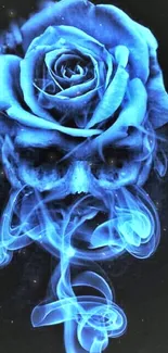 Blue rose merging with skull in mystical artwork.