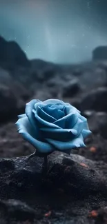 A mystical blue rose grows in a cosmic landscape, surrounded by a dark, ethereal background.