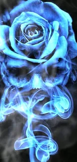 Mystical blue rose and skull design with smoke effect on dark background.