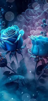 Mystical blue roses with misty background.