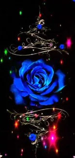 Mystical blue rose with starry accents on a black background.