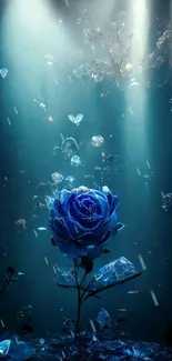 A mystical blue rose with glowing light beams and crystal-like elements.