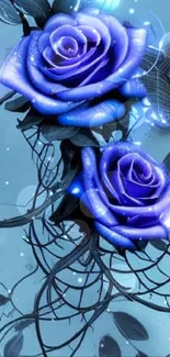 Mobile wallpaper with blue roses and butterflies.