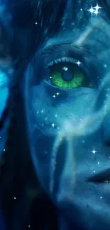 Mystical blue sci-fi wallpaper with green eye and cosmic elements.