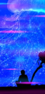 Silhouette with blue luminous jellyfish in stunning wallpaper art.