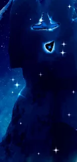 Mystical blue silhouette with stars on a dark night background wallpaper.