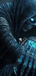 Mystical blue skeleton with intricate design and glowing elements.