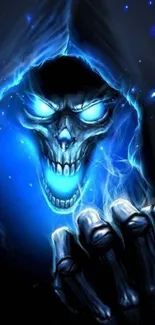 Mystical blue skull wallpaper with glowing effects.