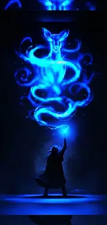 Silhouette under glowing blue mystical figure on dark background.