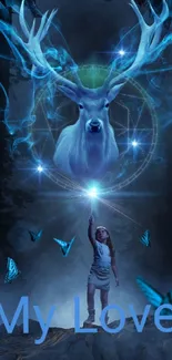 Fantasy blue stag and girl in mystical forest with butterflies.