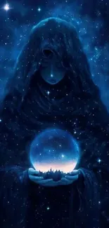 Mystical figure holding a glowing sphere under a starry blue sky.